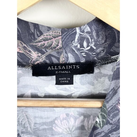 Allsaints Fay Paradeep Bird  Foliage Print Tie Back V Neck XS Mini Dress Button - Picture 4 of 13